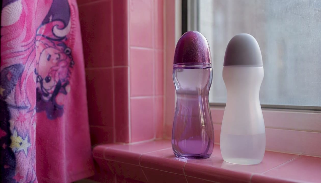 Two generic lube bottles on bathroom shelf